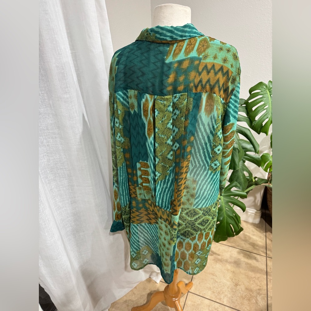 Dalin Plus Sheer Boho Patchwork‎ Button Down Top Green Teal Brown 2X - Picture 3 of 5